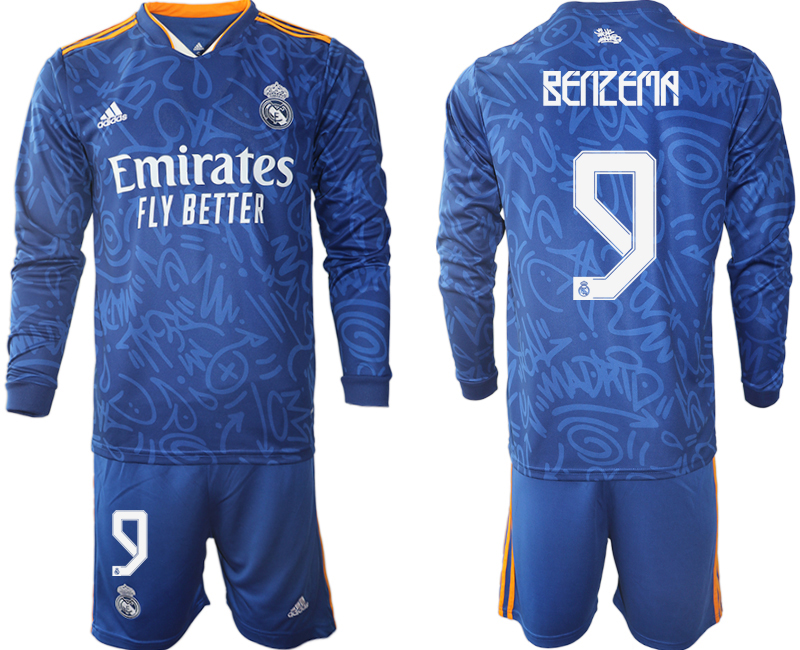 Men 2021-2022 Club Real Madrid away blue Long Sleeve #9 Soccer Jersey->real madrid jersey->Soccer Club Jersey